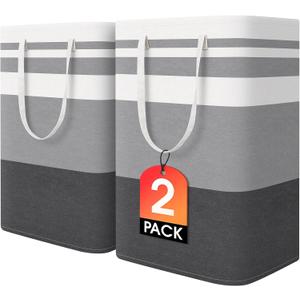 HomeHacks 2 Pack Large Laundry Baskets, Waterproof, Freestanding Laundry Hampers, Collapsible Clothes Hamper with Reinforced Handles in Laundry Room, College Dorm, Bathroom, Bedroom (Grey, 75Lx2)