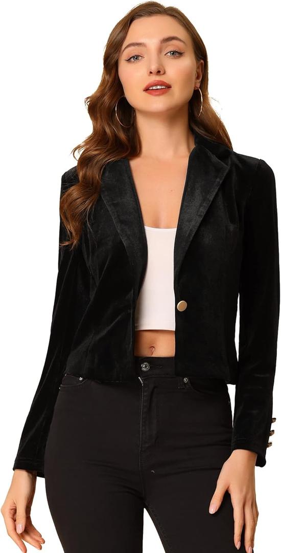 Allegra K Women's 1 Button Velvet Blazer Lapel Business Office Christmas Crop Suit Jacket (Medium)