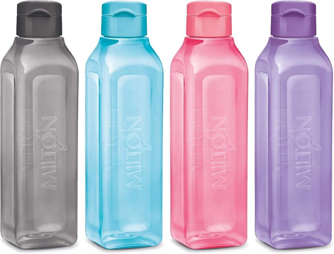 MILTON Sports Water Bottle Square Juice Box 4 Set 17 oz. Great for Juices Milk Smoothies Plastic Wide-Mouth Reusable Leak Proof Drink Bottle/Carton for School Bags Lunch Boxes Gym Flip Lid -BPA Free