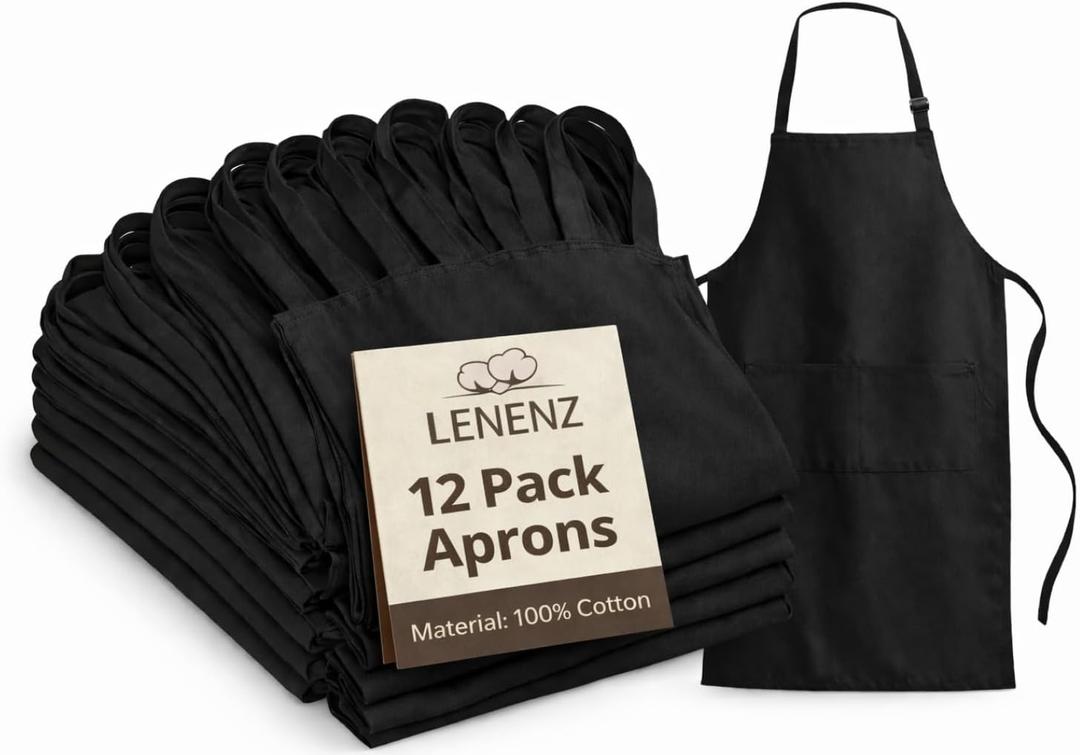 Adjustable Bib Apron - Pack of 12 Unisex Aprons for Men - Black Aprons with Pockets