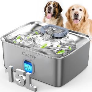 Kastty 3.96 Gal Dog Water Fountain for Large Dogs,15L Stainless Steel Dog Water Bowl Dispenser Triple Filtration,Ultra Quiet Automatic Pet Water Fountain with Water Level Window and LED Light(FS76)