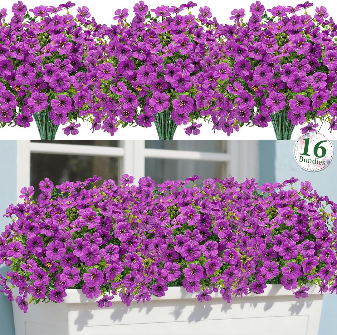 16 Bundles Artificial Flowers for Outdoors Fake Flowers, Purple | UV resistant, silk flowers, realistic faux plants for outdoor planter, window box porch patio garden home outside decor