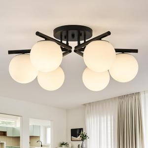 Sputnik Semi Flush Mount Ceiling Light, 6 Globe Lights Sputnik Ceiling Light Fixture, Milk Glass Globe Chandelier for Dining Room, Black Mid Century Modern Chandelier for Living Room, Hallway