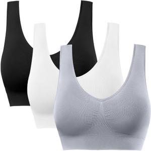 BESTENA Sports Bras for Women, Seamless Comfortable Yoga Bra with Removable Pads (XX-Large, 04-3 Pack Black White Grey)