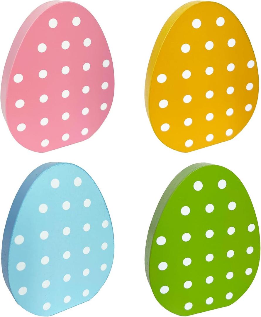 3 x 4 Pcs Easter Decoration Wooden Egg Table Tiered Tray Decor - 3.1"x3.9" Pastel Polka Dot Wood Egg Signs for Home Spring Party Centerpieces Kitchen Mantel Decor