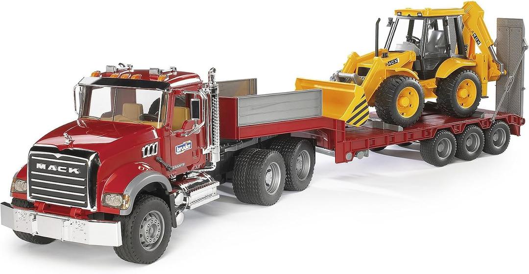 Bruder Toys 02813 Mack Granite Flatbed Truck with JCB Loader Backhoe, 36.8 x 7.3 x 10.4 inches