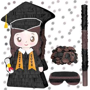 Class of 2026 Graduation Piata 16.9 inch Graduation Piata with Stick Blindfold Confetti Graduation Party Decoration for Class School Elementary Kindergarten Party Games Supplies (Girl's style)