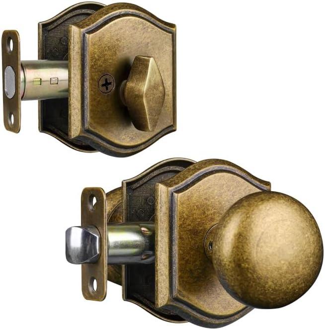 Door Knobs with Deadbolt Interior, Classic Decorative Antique Brass Door Knob Set Perfect for Bedroom or Bathroom Doors, Durable Stylish Hardware for Indoor Use