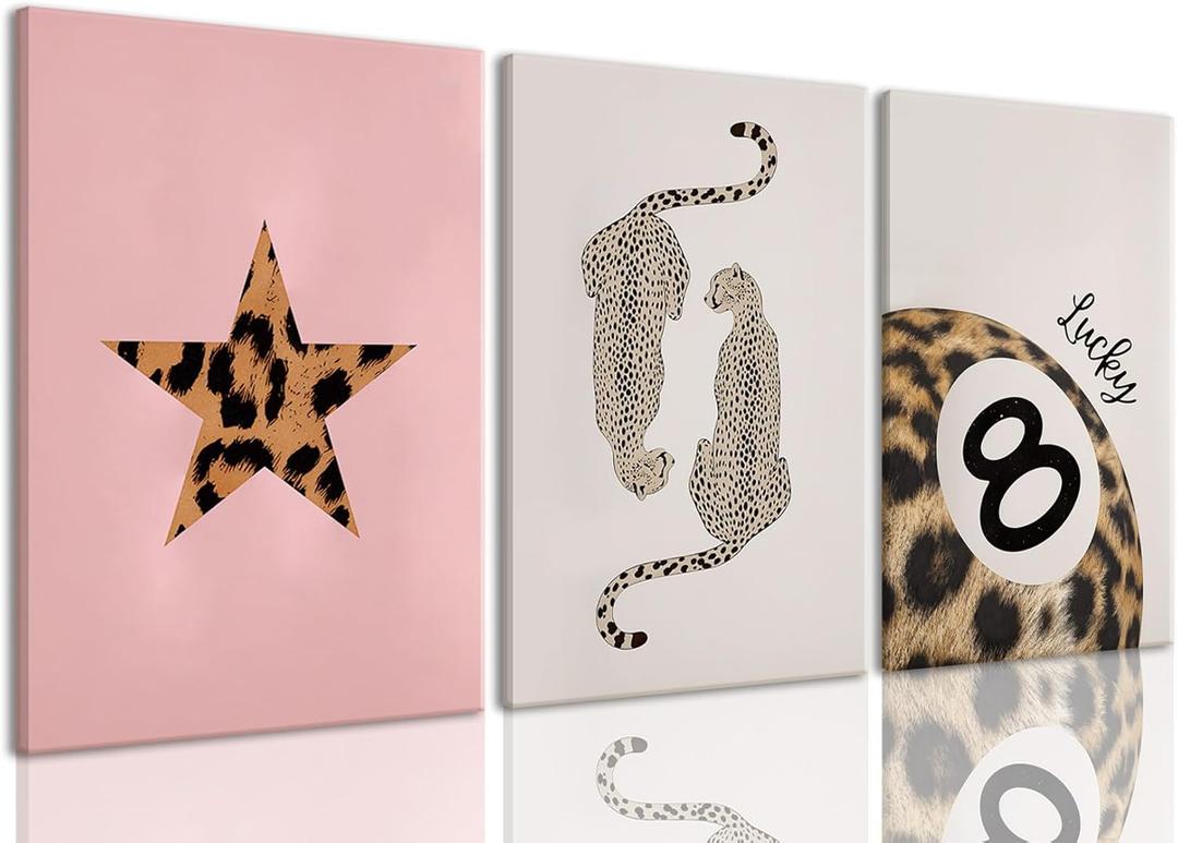 3Pcs Cheetah Wall Art Animal Leopard Canvas Prints Framed Funky Pink Pictures Lucky 8 Ball Posters Decor Paintings Aesthetic Y2k for Girly Bedroom Apartment Dorm Bathroom Living Room (16"x24")