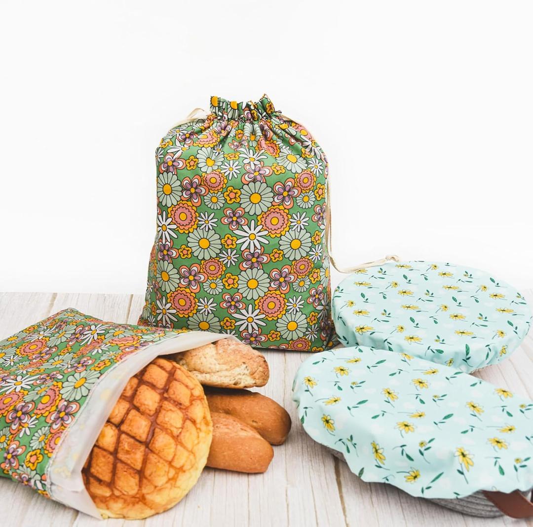 2 Pack Reusable Bread Bags and 2 Pack Bowl Cover with TPU lining,Sourdough Bags with Bread Proofing Cover for Storage and Sourdough Proofing