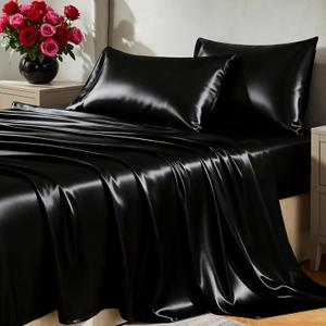 CozyLux Satin Sheets Full Size Sheets - 4 Piece Silky Full Size Bed Sheets, Luxury Black Full Bed Set with Smooth and Soft Microfiber, Includes 1 Fitted Sheet, 1 Flat Sheet and 2 Pillowcases