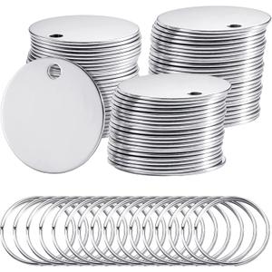 Therwen 100 Pcs 1.2 Inch Metal Stamping Blanks Silver Round Stainless Steel Blank Dog Tags with Hole Metal Polished Tags for Engraving with Key Rings for Bracelet Jewelry Making