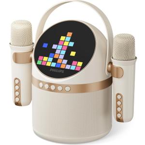 PHILIPS S2508 Portable Karaoke Machine,Party Bluetooth Speaker with 2 Karaoke Microphones,7 H Battery,Multi-Colored Light Modes with Display Screen,6 Vocal Effects,USB,AUX or TF Card Input,Mini,White