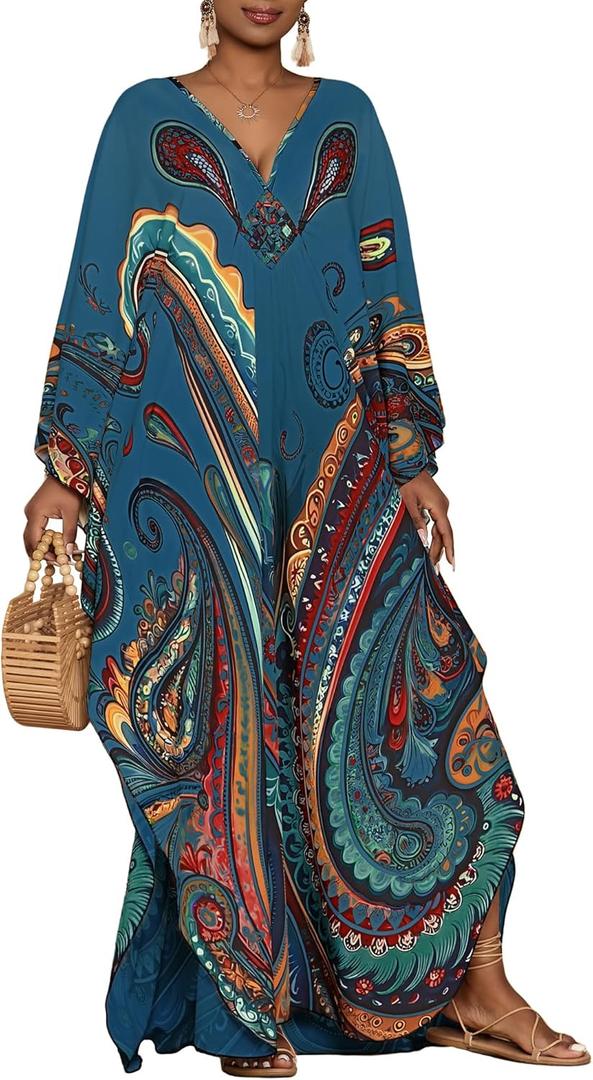 Bsubseach Kaftan Dresses for Women Ethnic Print Plus Size Beach Cover Ups Batwing Sleeve Caftans with Pockets