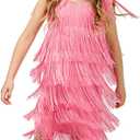 Generic Fringed Dress Round Neck Flapper Dress Retro Latin Dance Stage Costumes for 3-12 Girls (US, Alpha, Small, Regular, Pink) (Pink)