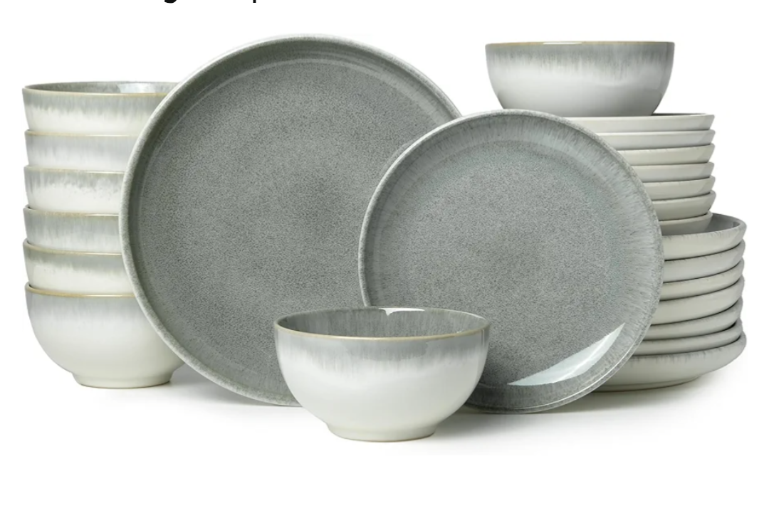 Pokini 24 Piece Dinnerware Sets for 8, Modern Stoneware Plates and Bowls Sets, Perfect for Family Gatherings & Holiday Celebrations, Easy Cleaning Dishes, Stack Compactly Plate Set, Gradient Green