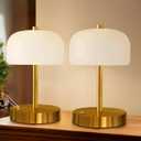 Oneach 9" Cordless Table Lamps Set of 2, Gold Rechargeable Battery Operated Lamp, 3-Way Stepless Dimming Touch Mushroom Lamps, Small Glass Nightlight for Bedroom Dining Table Living Room Shelf Decor