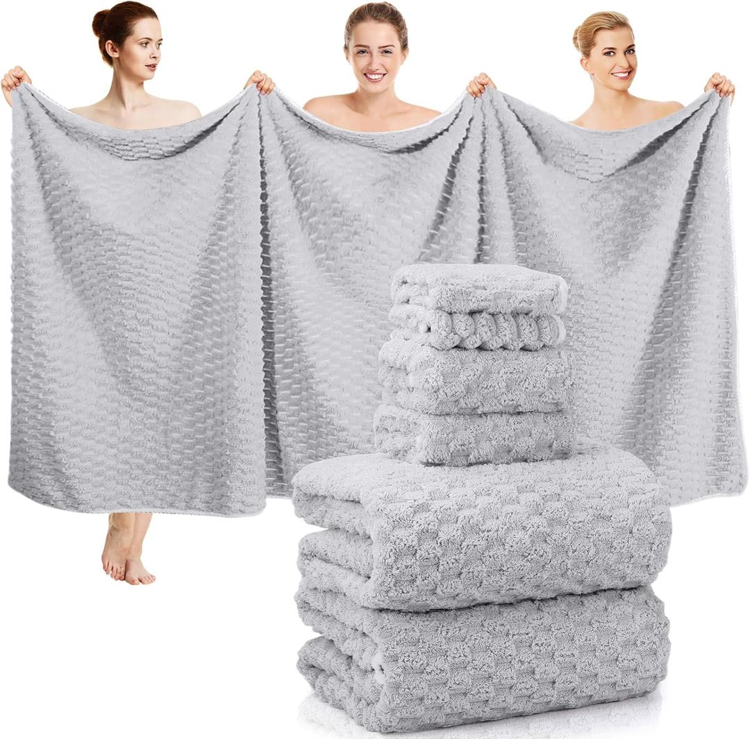 Peryiter Gray 6 Pcs Oversized Bath Towels 40" x 80" Extra Large Bath Sheets Set for Adults Hanging Loop Soft Microfibers Quick Dry Highly Absorbent Fluffy Shower Towel for Hotel Spa Gym Yoga Beach