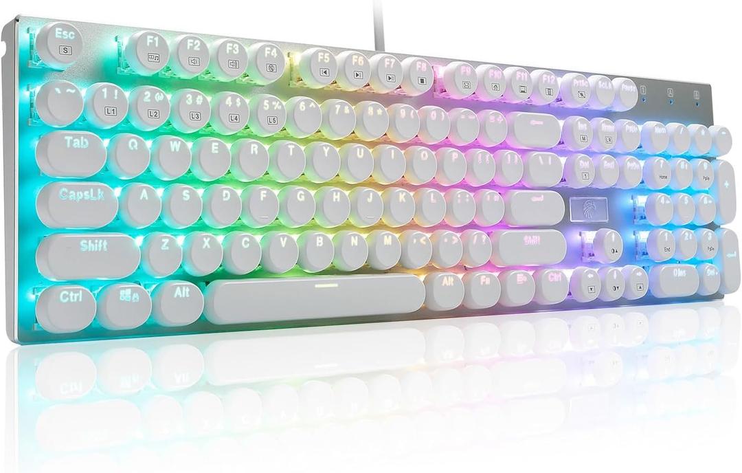 HUO JI E-Yooso Z-88 Wired Typewriter Style Mechanical Gaming Keyboard, Programmable RGB Backlit, Blue Switches - Clicky, USB-C Cable, Metal Panel, 104 Double-Shot Keycaps for PC, White