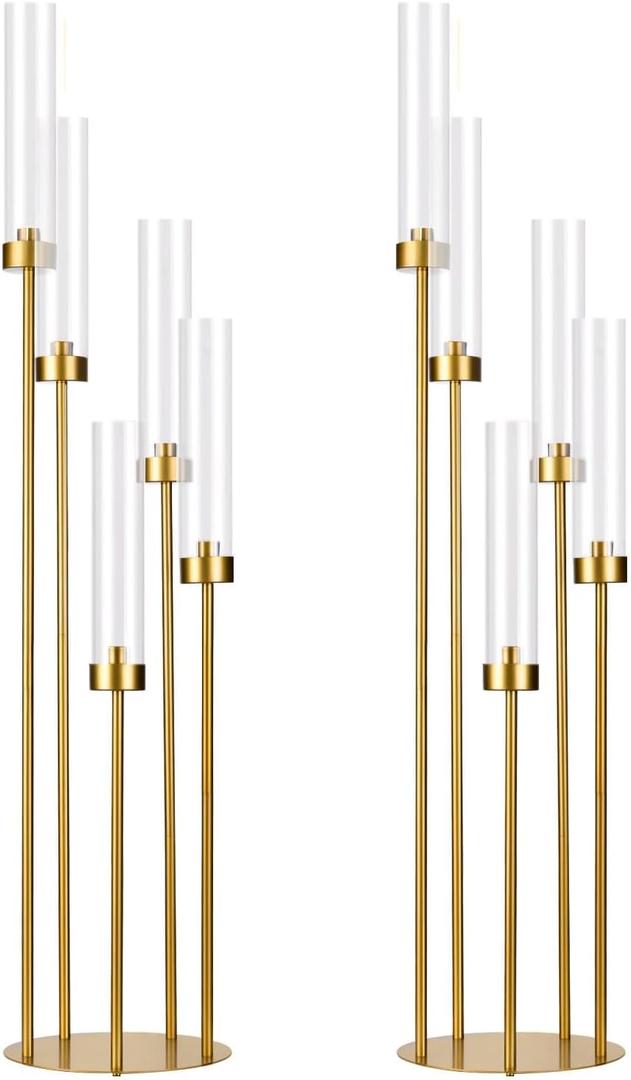 10 x 2PCS Gold Floor Candelabra,5 Arm Candle Holder Tall Floor Candle Holder with Acrylic Lampshade for Wedding Table Birthday Party Home Decoration Fit LED Taper Candles