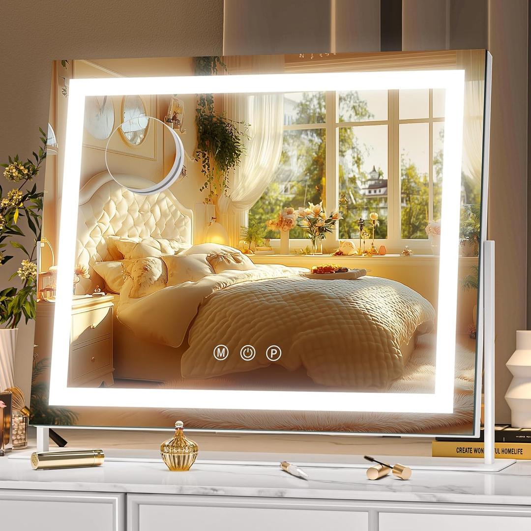 Hasipu Vanity Mirror with Lights, 13.8" x 10.6" LED Makeup Mirror, Light up Mirror with 10X Magnification, Smart Touch 3 Colors Dimmable, 360 Rotation (White)