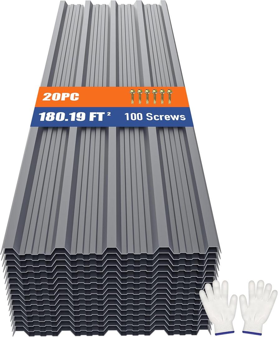 Brakki Metal Roofing Panels 20pcs 180.19 ft², Grey Corrugated Roof Panels, 20pcs/L73.23"