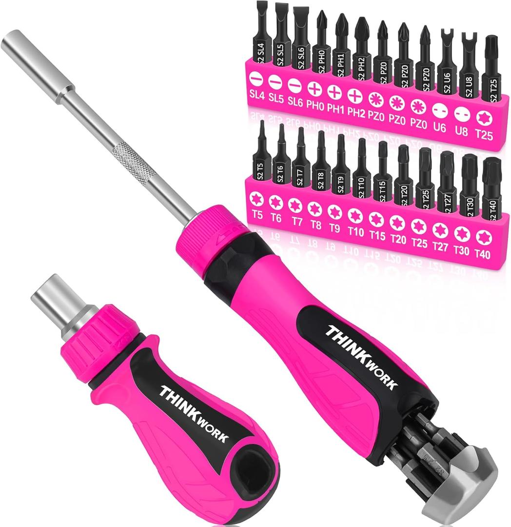 32-in-1 Ratcheting Screwdriver Set, 90&240mm Ergonomic Cushion Grip Handles, Includes Torx, Phillips, U-shape, Pozi, Slotted, Hex Bit Set for Women Men DIY Office & Home Repair, 32PCS Hand Tools Kit