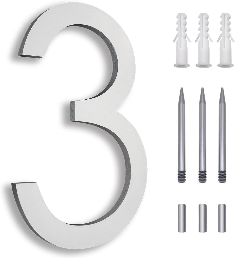 8 Inch Modern House Numbers for Outside  Large Metal Silver Address Numbers for Door  Floating Flush Mount Aluminum Street Numbers