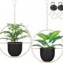 2 Pack Hanging Planters for Indoor Plants with 5.5" Pot + Ceiling Hook + Extender Chain | Hanging Plant Holder, Metal Minimalist Planter, NO Plant incld (Black & Gold)