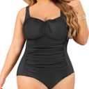 Daci Plus Size One Piece Swimsuit for Women Tummy Control Vintage Bathing Suits Ruched Swimwear (Medium, Black 2)