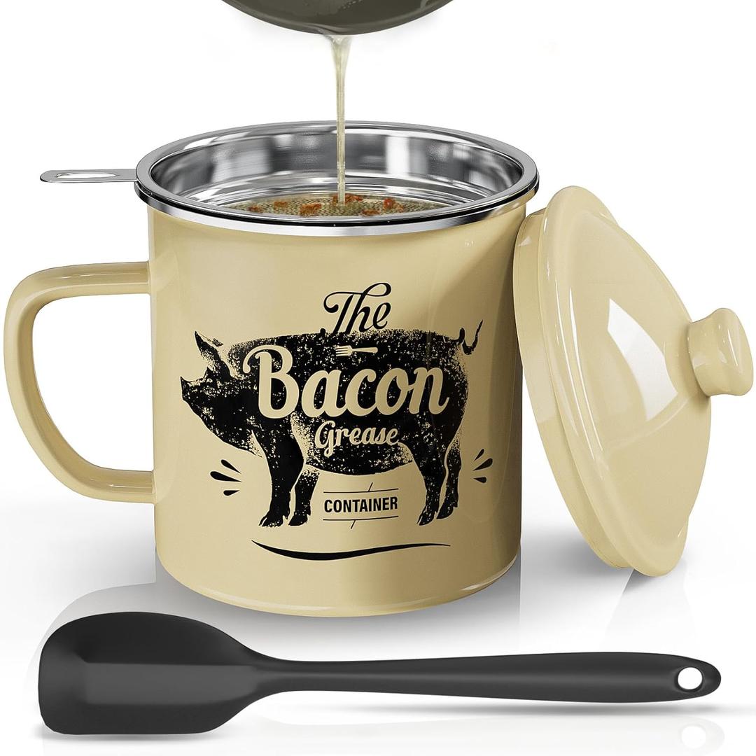 Bacon Grease Container With Strainer, 46OZ Large Enamel Grease Container, With Silicone Spatula, Farmhouse Bacon Grease Keeper, Cooking Oil Container For Kitchen Fat Storage, Dishwasher Safe-Beige
