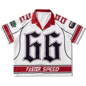 Men's Retro Button Down Jersey Shirts Number Graphic Collared Baseball Shirt Short Sleeve Streetwear (Medium, Red and White)