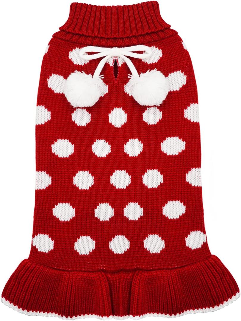 KYEESE Red Dog Sweater Dress with Leash Hole Turtleneck for Girl Dog Sweater Small Medium Knit Pullover Warm Pet Sweater for Fall Winter (X-Large (19-27lbs), 04# Polkadot (Red))