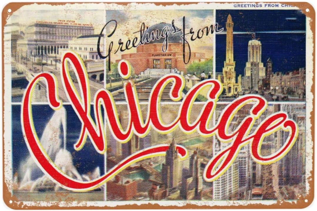 Vintage Metal Sign, Greetings from Chicago Tin Signs, Versatile Plaque Decor Poster for Home Man Women Bar Home Man Cave Accessories Garage Backyard Bedroom Wall Gift 12 x 8 Inch