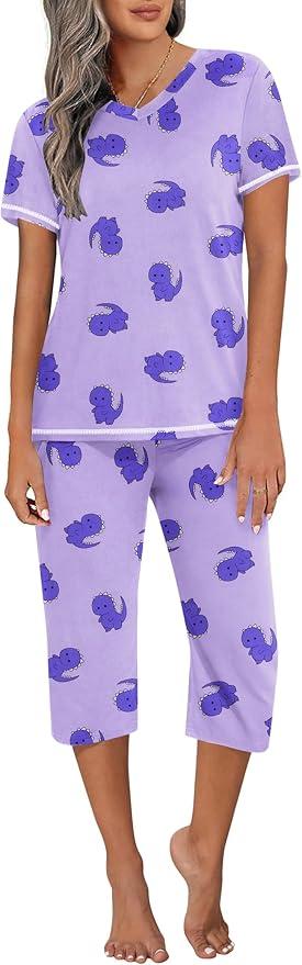 Ekouaer Capri Pajama Sets for Women Short Sleeve Tops Sleepwear Sleep Sets Pjs Sets Soft Two Piece Loungewear Sets, XL