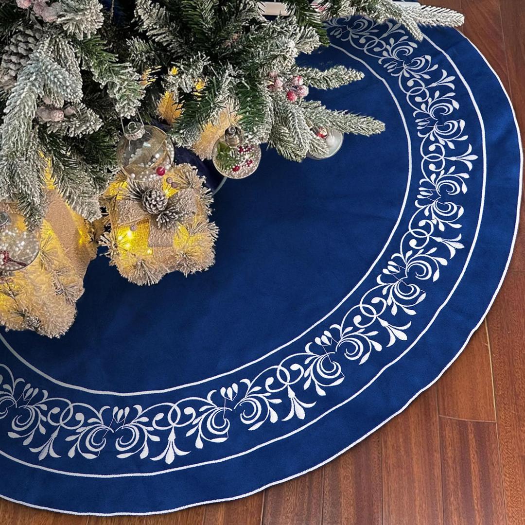 Blue Christmas Tree Skirt Velvet 36 inchElegant Velvet Fur Plush Blue Tree Skirt, Xmas Tree Skirts with Floral Embroidered Vintage Pattern Round for Merry Christmas Party Xmas Tree Decorations