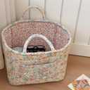 Boho Fabric Storage Basket Quilted Floral Print Baskets Organizer Bin with Handles for Home, Picnic, Shopping (Blue, L)