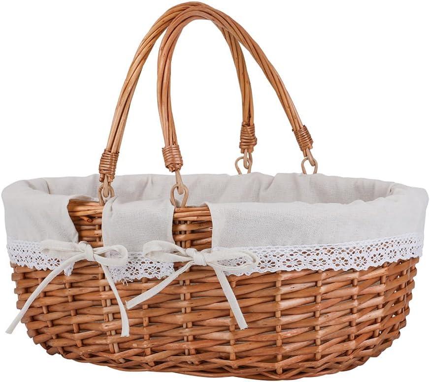 Large Wicker Picnic Basket with Handles,Handle Sturdy Woven Body with Removable and Washable Lining,Outdoor Camping,Gift Packing,Garden Picking, Storage.White
