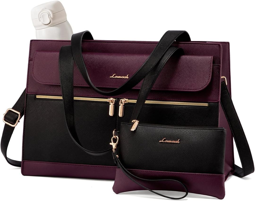 LOVEVOOK Laptop Bag for Women 15.6 Inch Tote Work Professional Leather Computer Briefcase Waterproof Handbag Shoulder Large Capacity Business Teacher Office Crossbody Purse (Black/Purple-1)