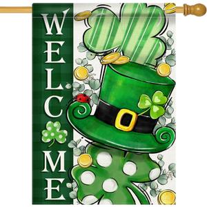 Welcome St Patricks Day Shamrock Clover Decorative House Flag, Green Hat Polka Dot Stripe Gold Garden Yard Outside Decorations, Irish Spring Holiday Outdoor Large Home Decor Double Sided 28x40 (Lucky Grass and Hat)