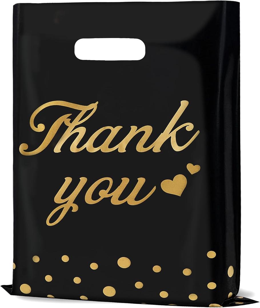 Thank You Bags for Business Small Shopping Bags 100 Pack, 9" x 12" Plastic Merchandise Gifts Bag for Packaging Products, Retail Boutique for Wholesale Clothes Stores, Polka Dot, Black