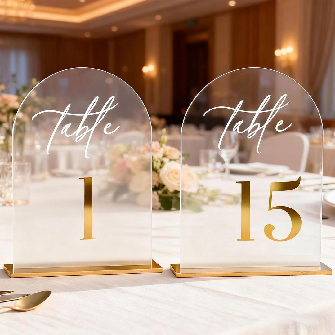 Clear Arch Acrylic Wedding Table Numbers 1-15 with Stands, 5.5"x7" Arched Acrylic Wedding Seating Chart Signs with Gold Mirror Numbers, Table Number Holders for Anniversary, Event, Party Wedding Set