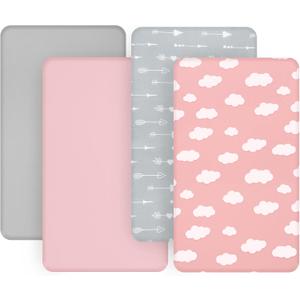 4-Pack Fitted Pack and Play Sheets for Boys and Girls - Breathable, Soft Microfiber Baby Sheets in Grey and Pink