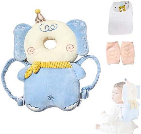 Baby Head Protector Backpack, Adjustable Baby Head Protection Backpack with Baby Knee Pads for Walking & Crawling, Soft, Breathable and Wearing Safety Baby Head Protector - Blue Elephant