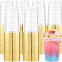 Supernal 200pcs Gold Plastic Cups, 12oz Clear Plastic Drinking Cups, Disposable, Durable, Lightweight, Reusable for Hot & Cold Drinks, Weddings, Parties