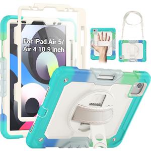 SEYMAC Case for iPad Air 5th/ 4th Generation 10.9", Full-Body Shockproof Protective Case with Screen Protector, Rotating Stand/Handle/Shoulder Strap/Pencil Holder for iPad Air 5/ Air 4, Colorful/Blue