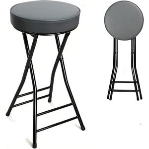 Folding Bar Stool,24 Inch Tall Foldable Stool Chair,Counter Height Cushioned Leather Padded Portable Stools,Heavy Duty Collapsible Stools for Kitchen Island Garden Camping Grey