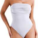REORIA Women's Sexy Strapless Ruched Bodysuit Tube Top Sleeveless Trendy Body Suits (White, X-Large)