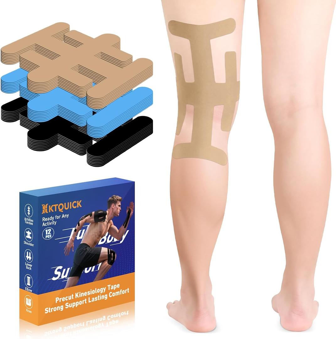 Precut Kinesiology Tape for Knees Valgus–12PCS KTQUICK Pain Relief Athletic Tape, Waterproof & Hypoallergenic Latex-Free, Elastic Breathable Long-Lasting Knee Support Tape for All(Beige)