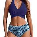 AI'MAGE Womens High Waisted Bikini Sets Tummy Control Bathing Suits Halter Two Piece Swimsuit Modest Bikini 2025 Navy Blue L